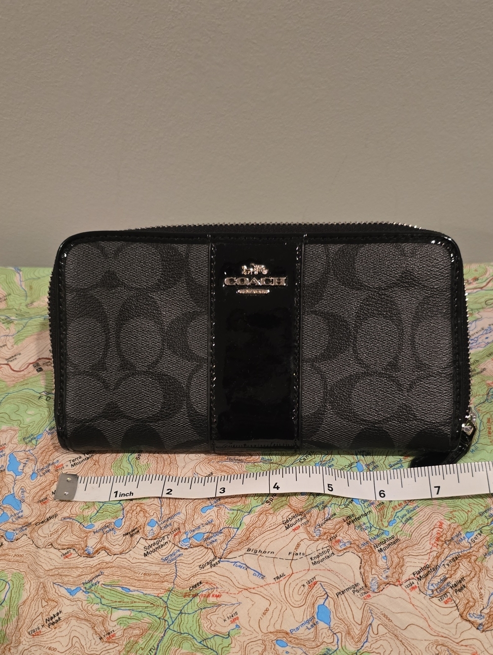 Coach Black Signature Zip-Around Wallet with Patent Trim